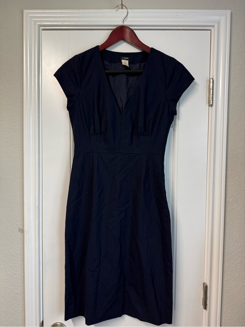 J Crew Womens Navy Blue Wool Pinstripe Sheath Career V Neck Dress -size 0